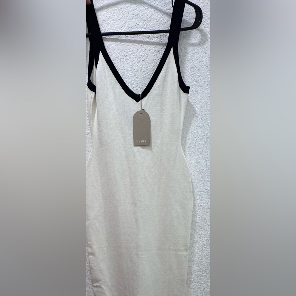 MESHKI Minimalist V-Neck Midi Dress | Ivory & Black | NWT